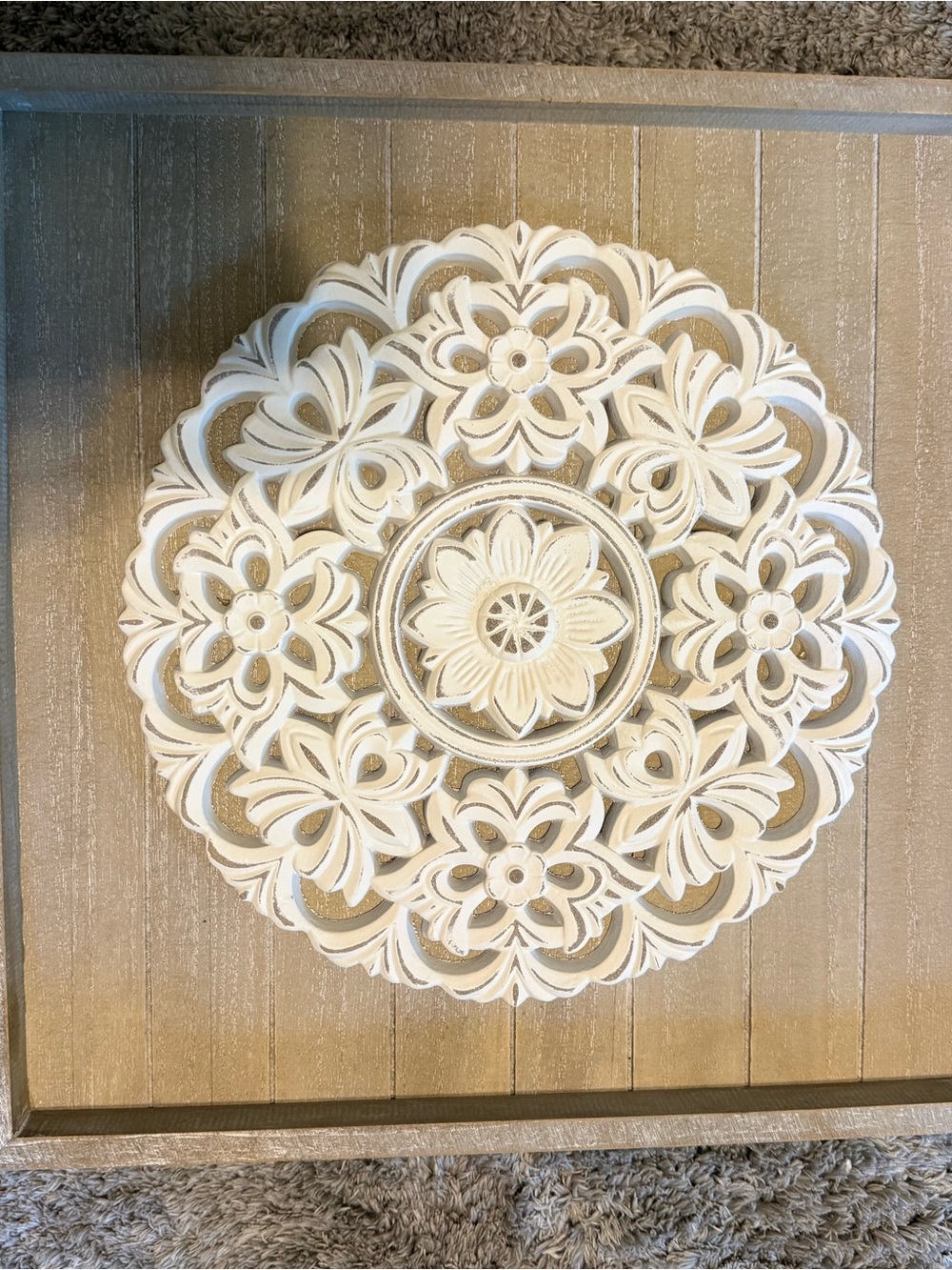 White Floral Carved Wall Mandala - 16 by 16